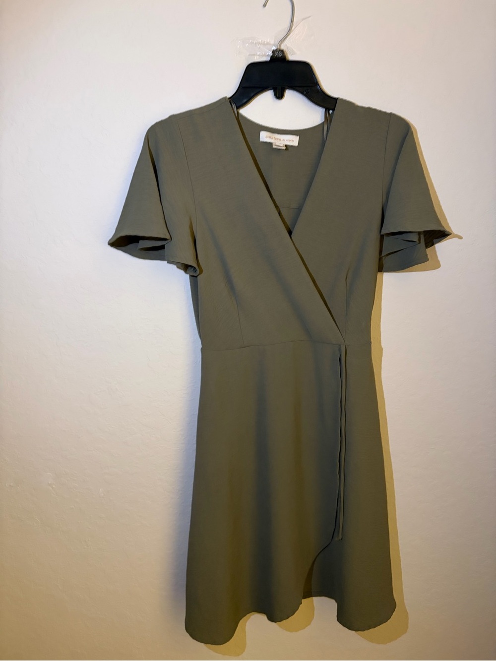 Monteau Olive Green Wrap Dress with Flutter Sleeves